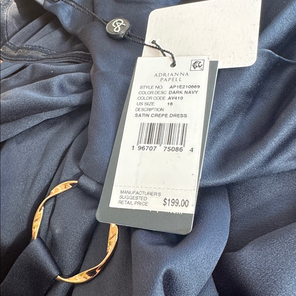 Adrianna Papell Women's Satin NAVY Crepe One-Shoulder Gown Dress 16 NEW - Picture 5 of 5